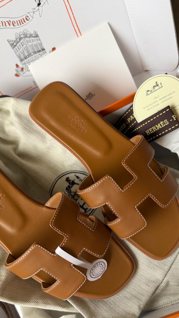 Шлепки Hermes Oran коричневые 1:1 , premium