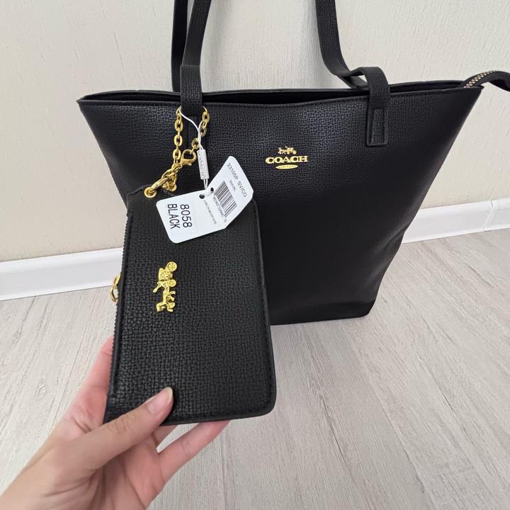 🖤 Большой шопер Coach черного цвета с золотистой фурнитурой + картхолдер