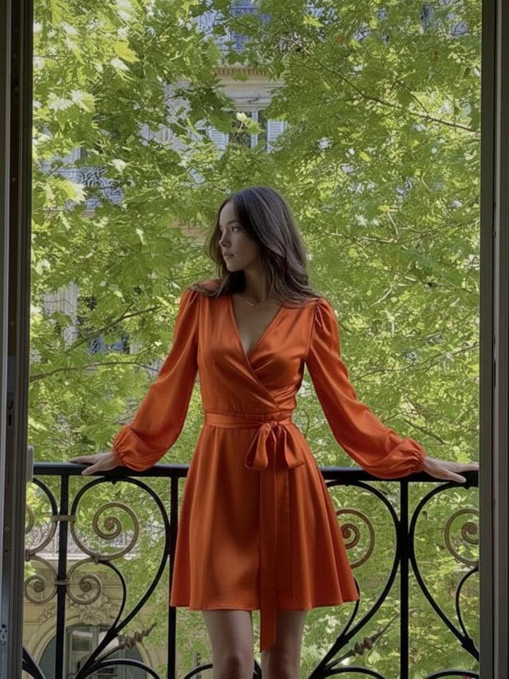 Потрясающее платье на запа́х в благородном красно-оранжевом цвете из шёлка🔥