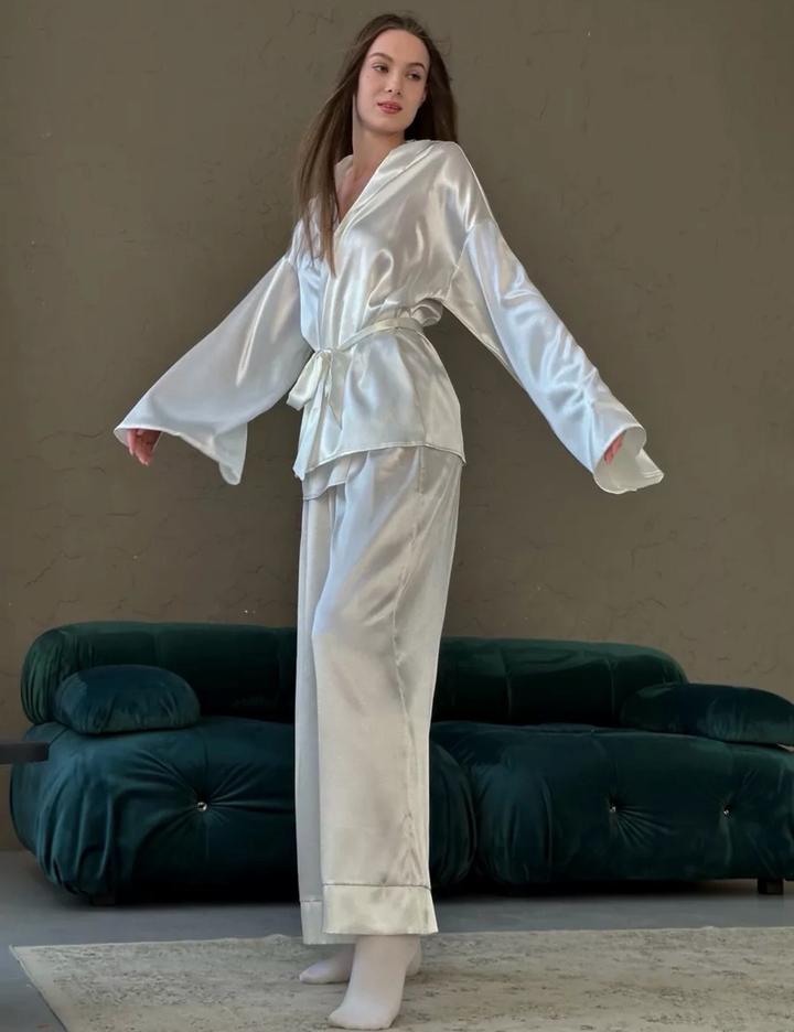 Пижама белая кимано с брюками палаццо и поясом
