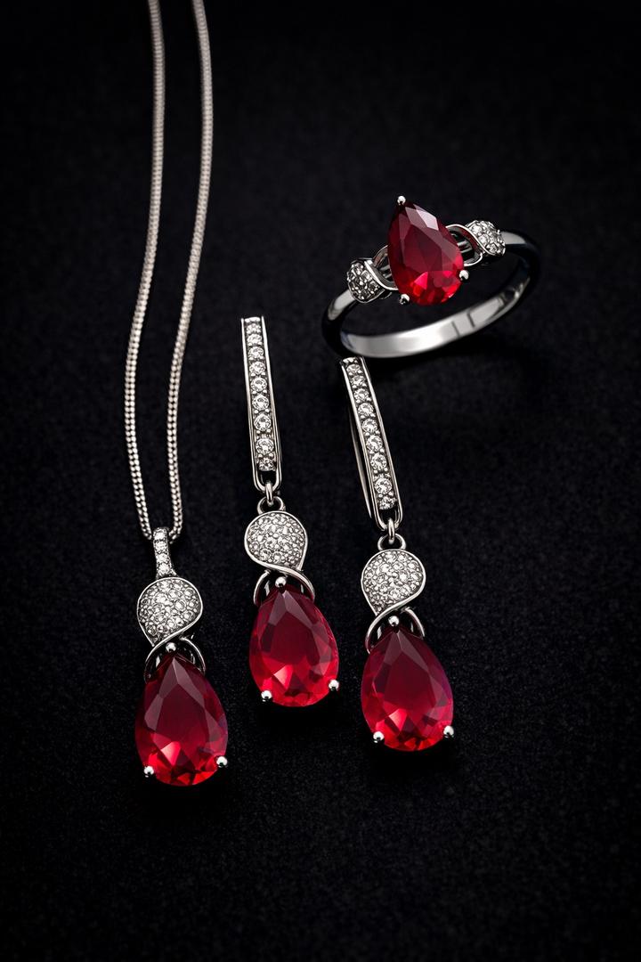 Набор из серебра с искуственным рубином и фианитами