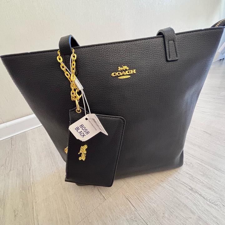 🖤 Большой шопер Coach черного цвета с золотистой фурнитурой + картхолдер