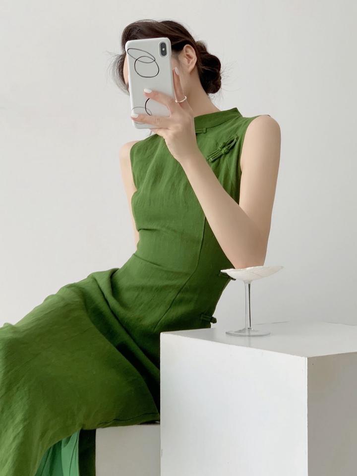 Летнее льняное платье-ципао (китайский стиль), р. 42-44.