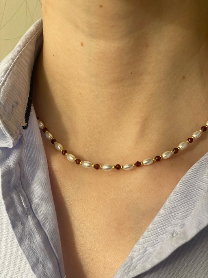Колье с натуральным гранатом и жемчугом rice pearl ❤️