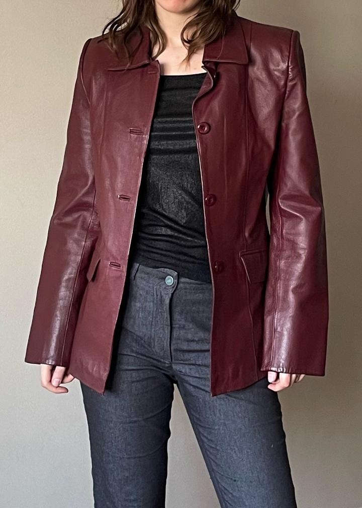 Винный кожаный пиджак прямого кроя / 90s vintage burgundy leather blazer