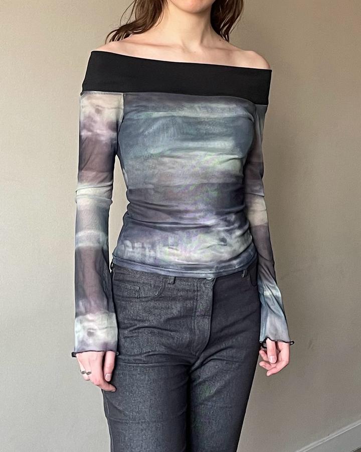 Сетчатый топ с открытыми плечами и абстрактным принтом / Y2K mesh long sleeve