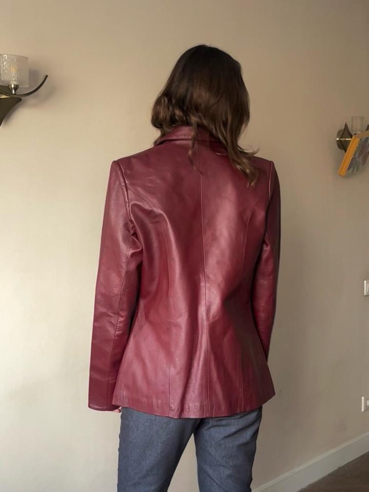Винный кожаный пиджак прямого кроя / 90s vintage burgundy leather blazer