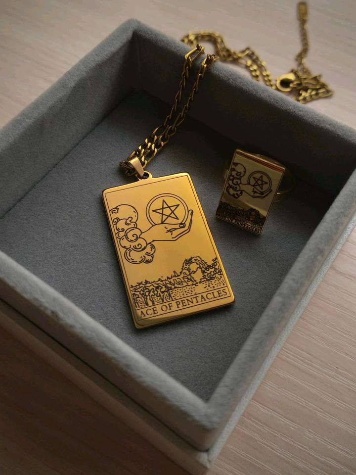 Комплект подвеска+кольцо с картой таро туз пентаклей