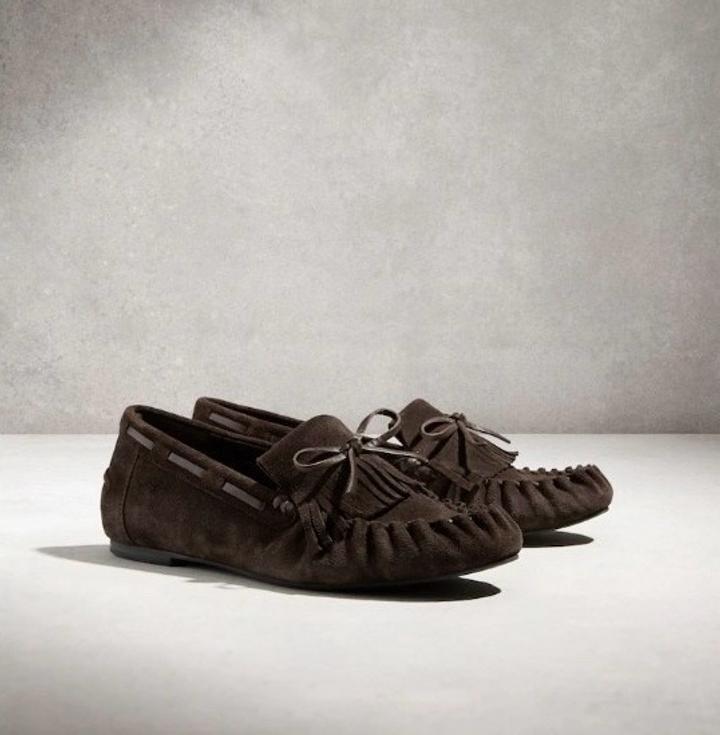 Шоколадные мокасины-лоферы со сборкой и бахромой Next Premium кожа