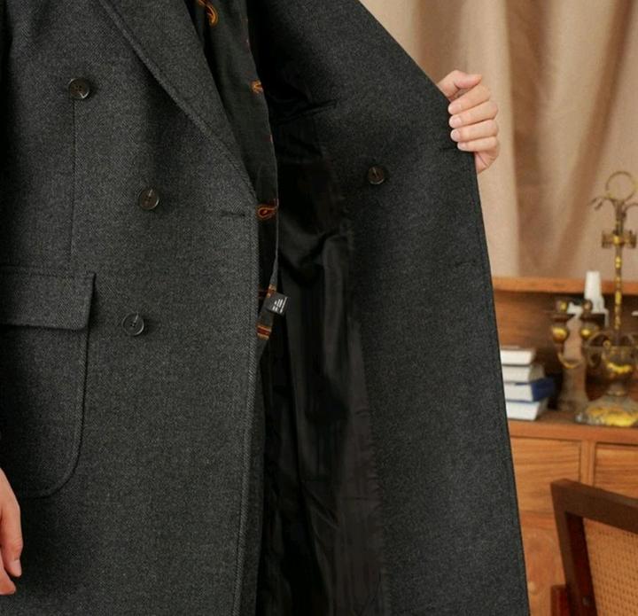 Двубортное пальто с рисунком "ёлока" шерсть 50%