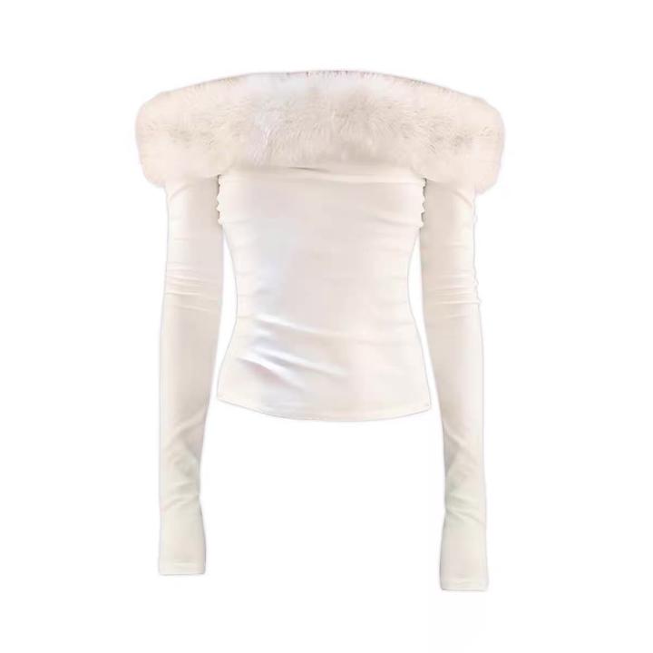 Белый лонгслив/кофточка с мехом