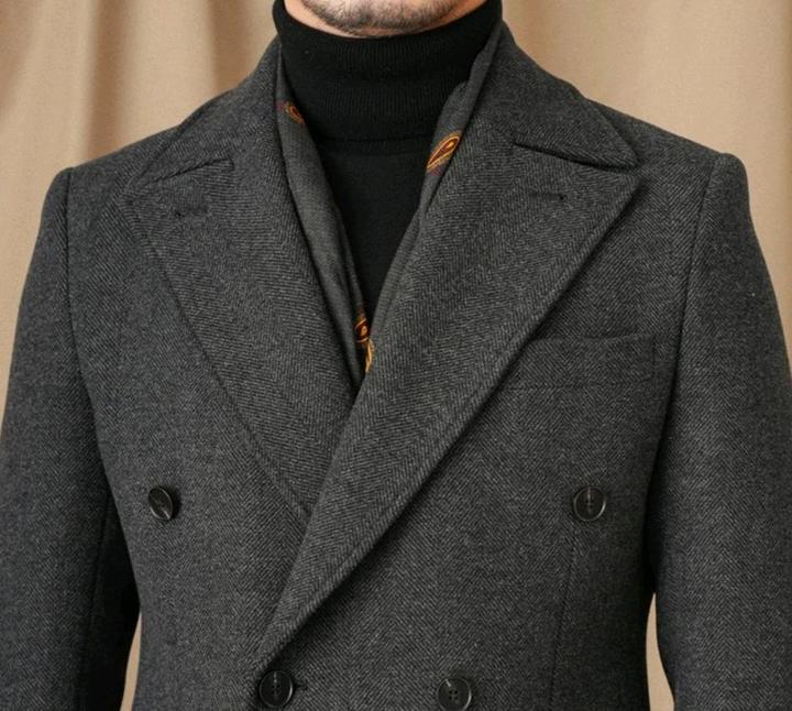 Двубортное пальто с рисунком "ёлока" шерсть 50%