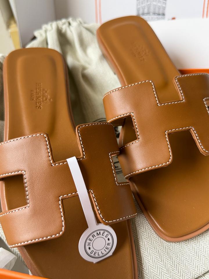 Шлепки Hermes Oran коричневые 1:1 , premium