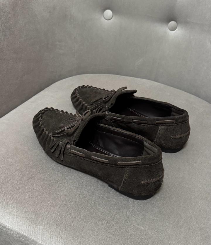 Шоколадные мокасины-лоферы со сборкой и бахромой Next Premium кожа