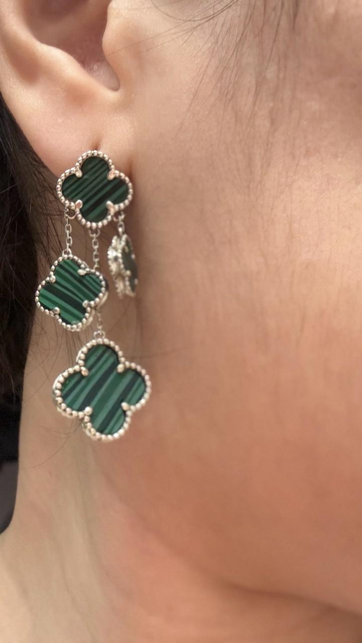 Серьги Van Cleef&Arpels с малахитом,висячие(Alhambra). Серебро 925 проба 7,04 гр
