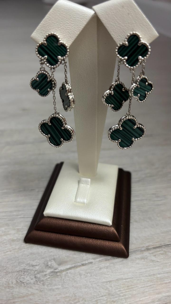 Серьги Van Cleef&Arpels с малахитом,висячие(Alhambra). Серебро 925 проба 7,04 гр
