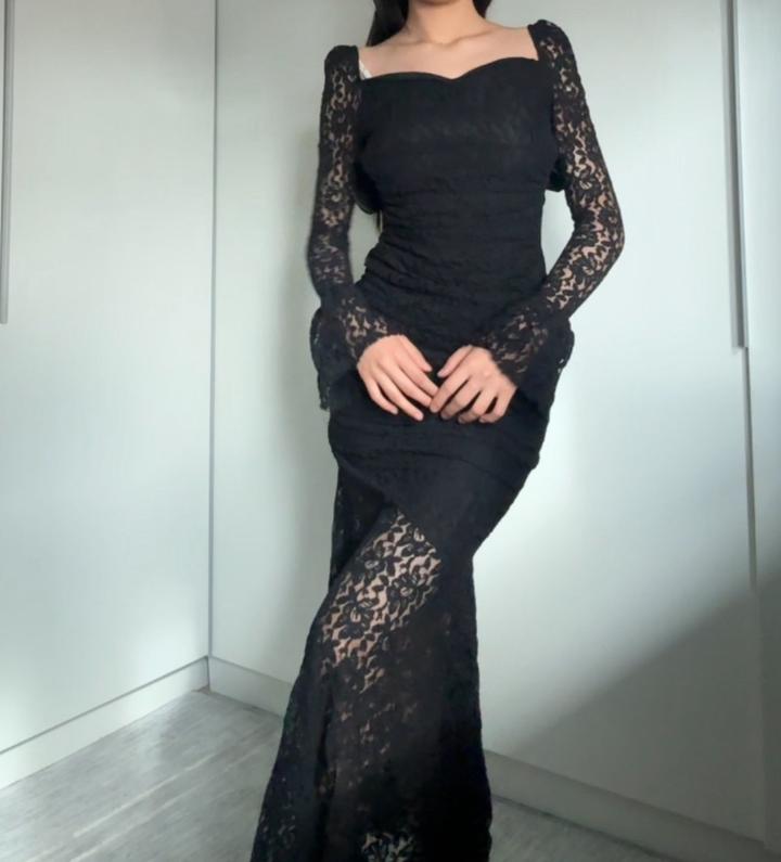 Чёрное кружевное вечернее платье макси длинные рукав, 1 раз надето размер XS