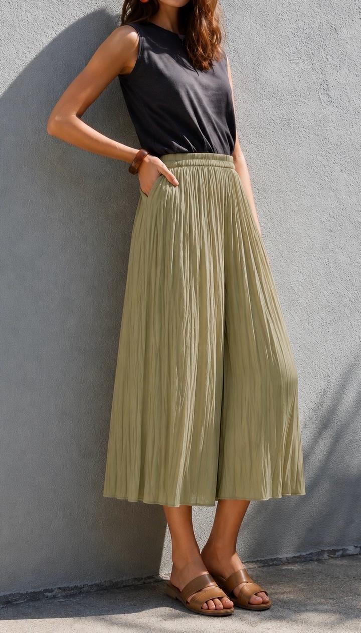 Брюки-палаццо Uniqlo Satin Washer (Skirt Pants) – Оливковый / Хаки