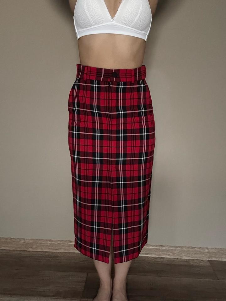 Юбка миди красная в клетку с разрезом ZARA