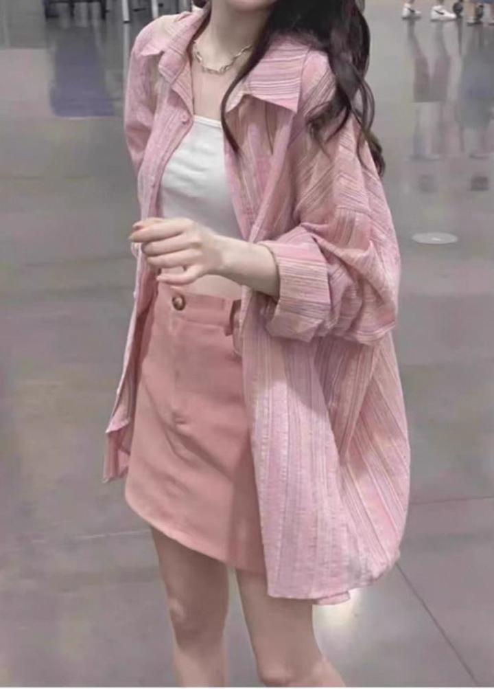 Розовая полосатая рубашка oversize, размер