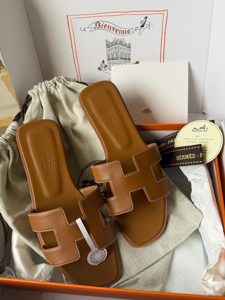 Шлепки Hermes Oran коричневые 1:1 , premium