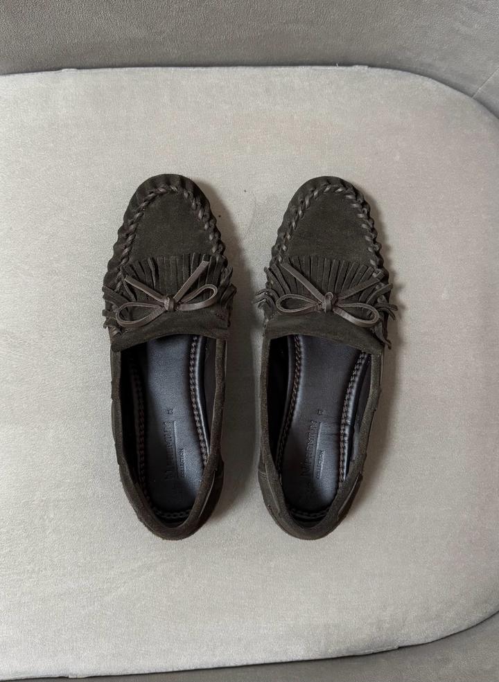 Шоколадные мокасины-лоферы со сборкой и бахромой Next Premium кожа