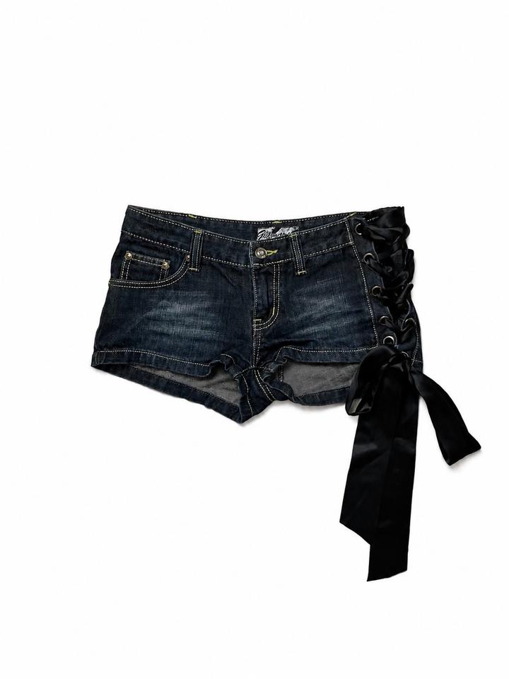 Lace-up denim mini shorts