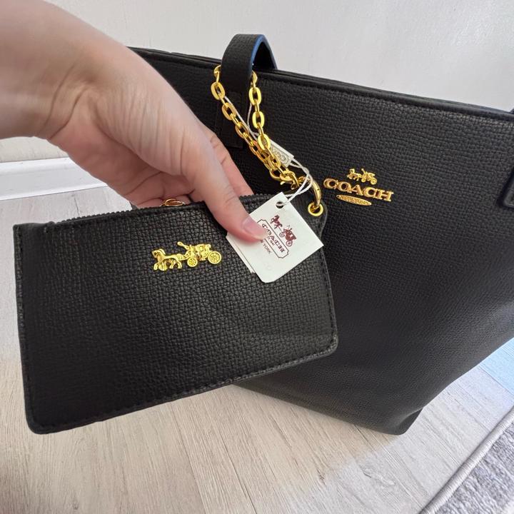 🖤 Большой шопер Coach черного цвета с золотистой фурнитурой + картхолдер