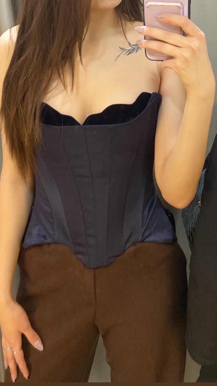 Темно синий вечерний корсет на завязках