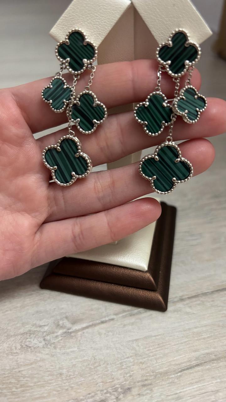 Серьги Van Cleef&Arpels с малахитом,висячие(Alhambra). Серебро 925 проба 7,04 гр
