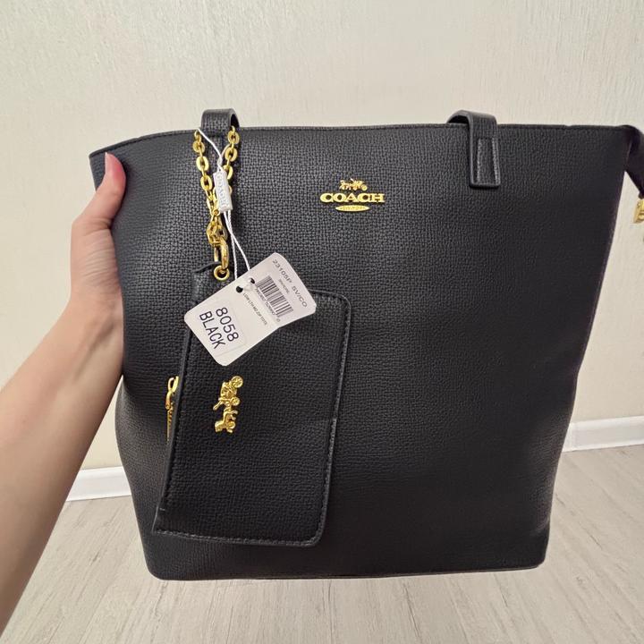 🖤 Большой шопер Coach черного цвета с золотистой фурнитурой + картхолдер