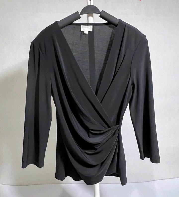 Винтажный топ блуза S черный стрейч рукав 3/4 лонгслив вечерний офисный