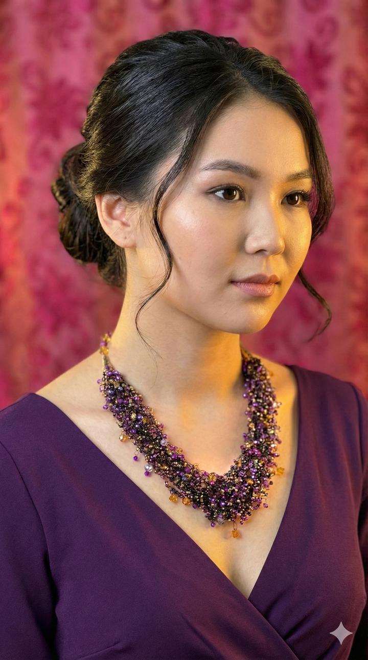 Колье из кристаллы и бисера ручной работы цвет аметист