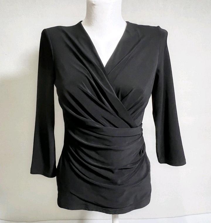 Винтажный топ блуза S черный стрейч рукав 3/4 лонгслив вечерний офисный