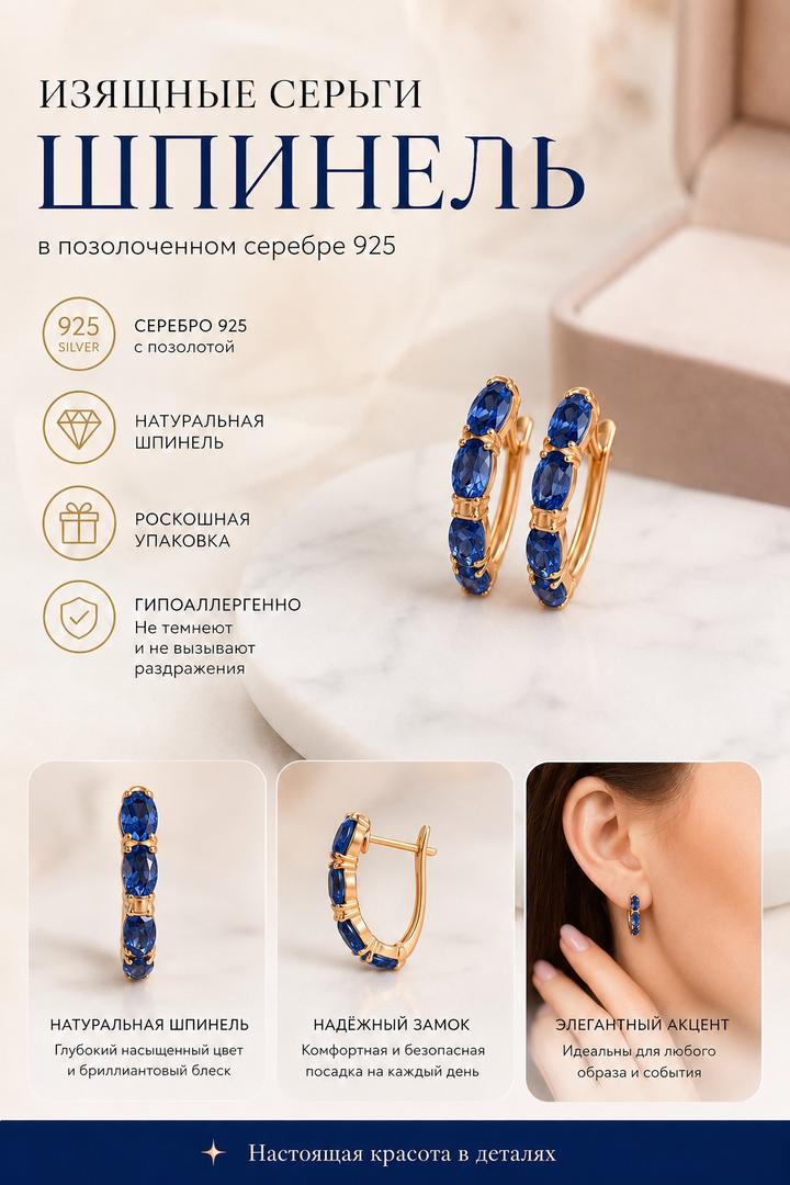 Серьги 925 в позолоте, сапфировая шпинель