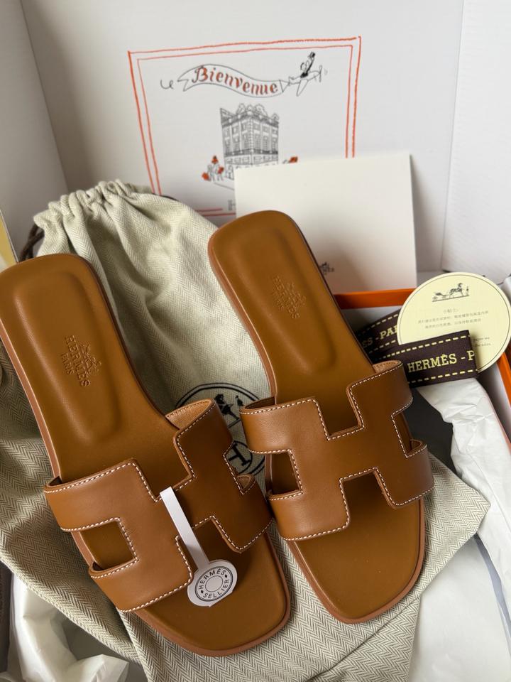 Шлепки Hermes Oran коричневые 1:1 , premium