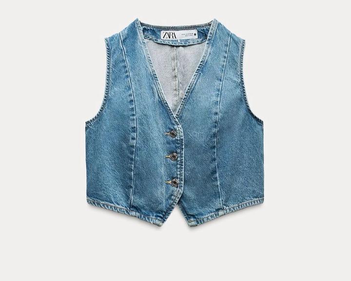 укороченный джинсовый жилет Zara из линейки Z1975 с V-образным вырезом и классич
