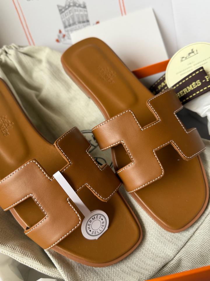 Шлепки Hermes Oran коричневые 1:1 , premium