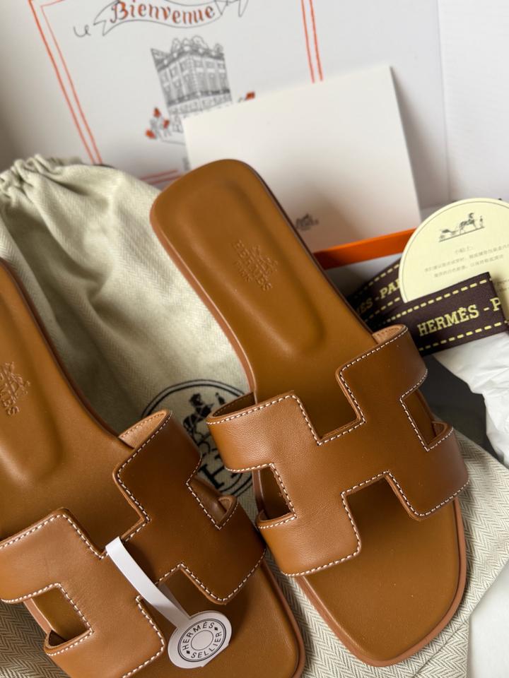 Шлепки Hermes Oran коричневые 1:1 , premium