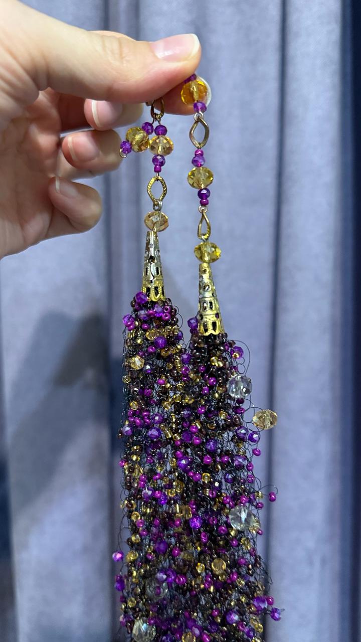 Колье из кристаллы и бисера ручной работы цвет аметист