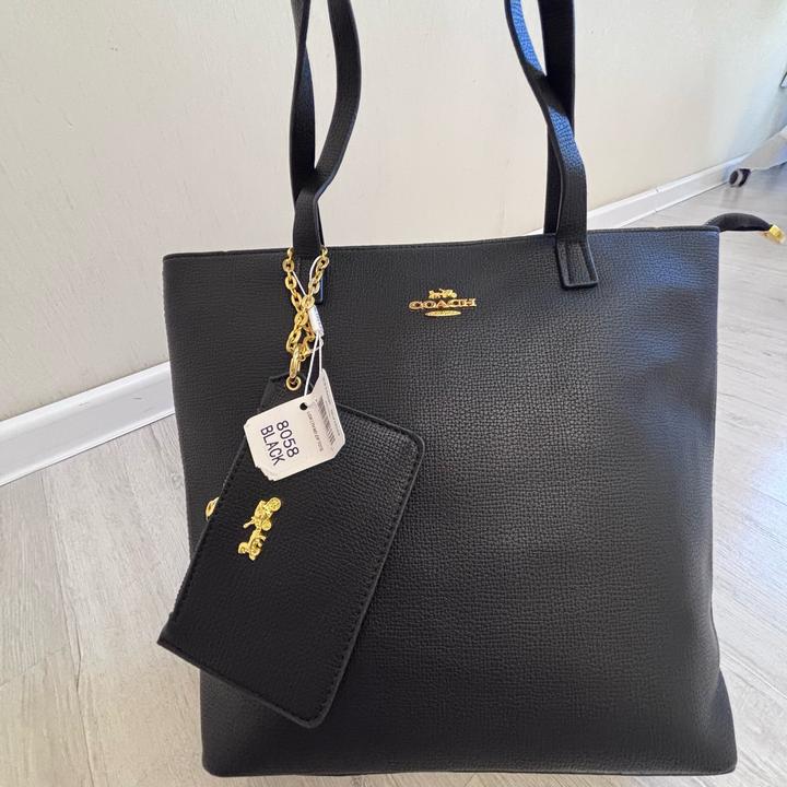 🖤 Большой шопер Coach черного цвета с золотистой фурнитурой + картхолдер
