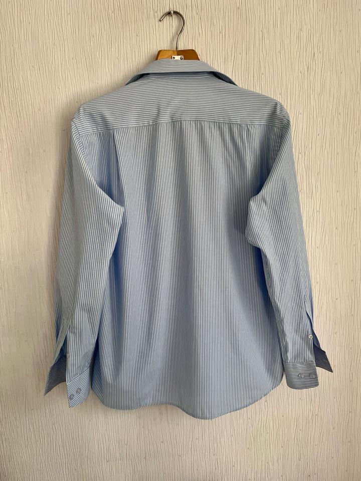 Винтажная голубая рубашка в полоску с манжетами и деталями в клетку