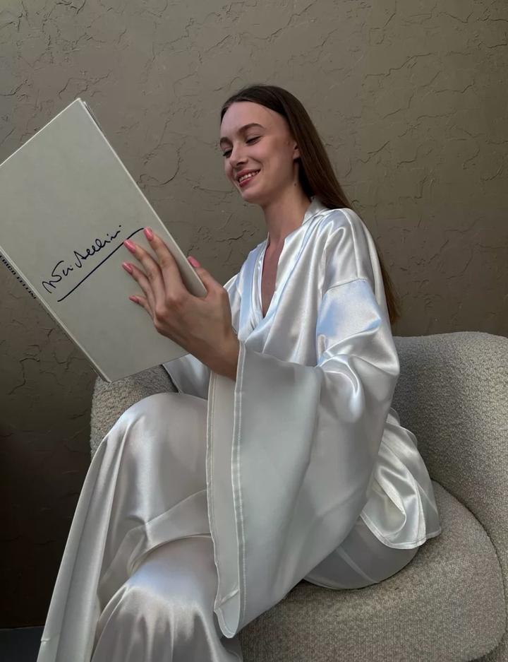 Пижама белая кимано с брюками палаццо и поясом