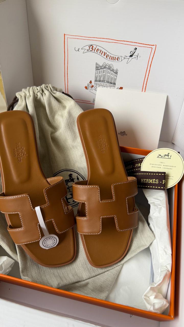 Шлепки Hermes Oran коричневые 1:1 , premium