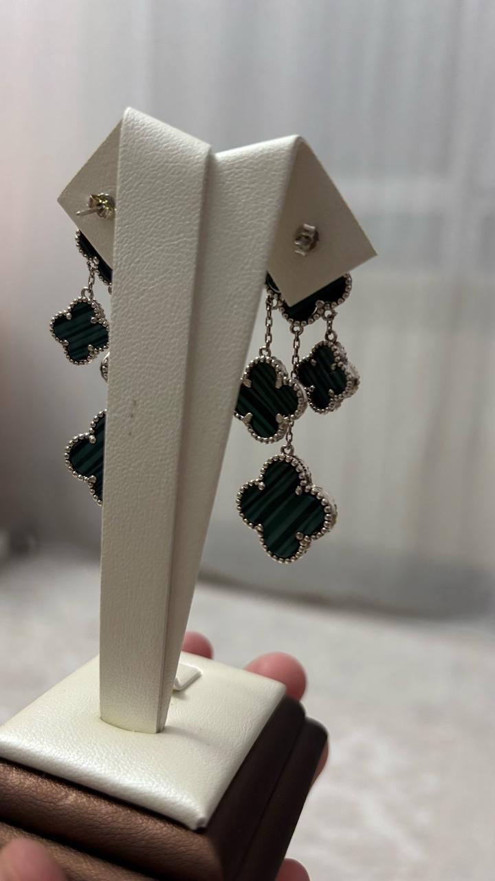 Серьги Van Cleef&Arpels с малахитом,висячие(Alhambra). Серебро 925 проба 7,04 гр